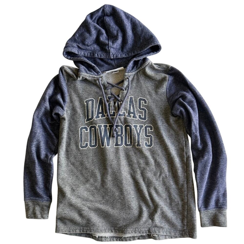 Dallas Cowboys NFL Womens Lace-Up V-Neck Raglan Hoodie Sweatshirt S Gray Navy